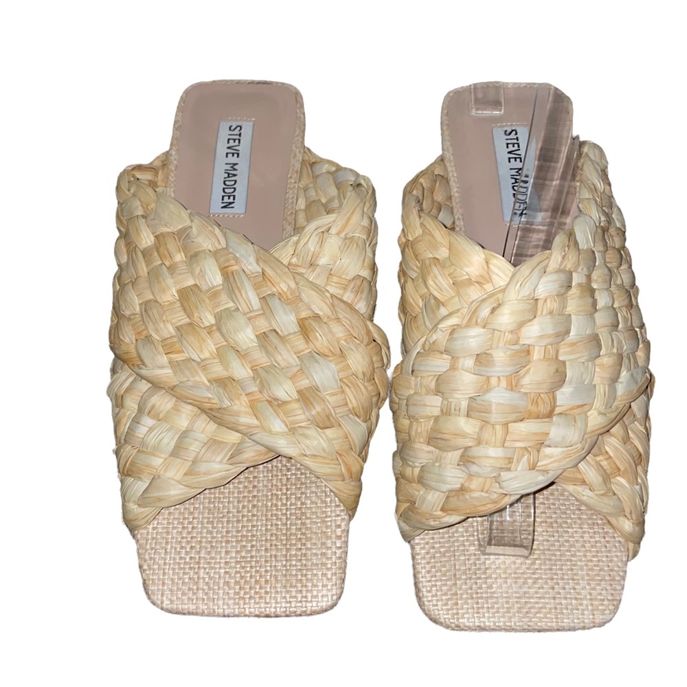 STEVE MADDEN Marina Basketweave Tan Square Sandal 8(Blogger Favorite)